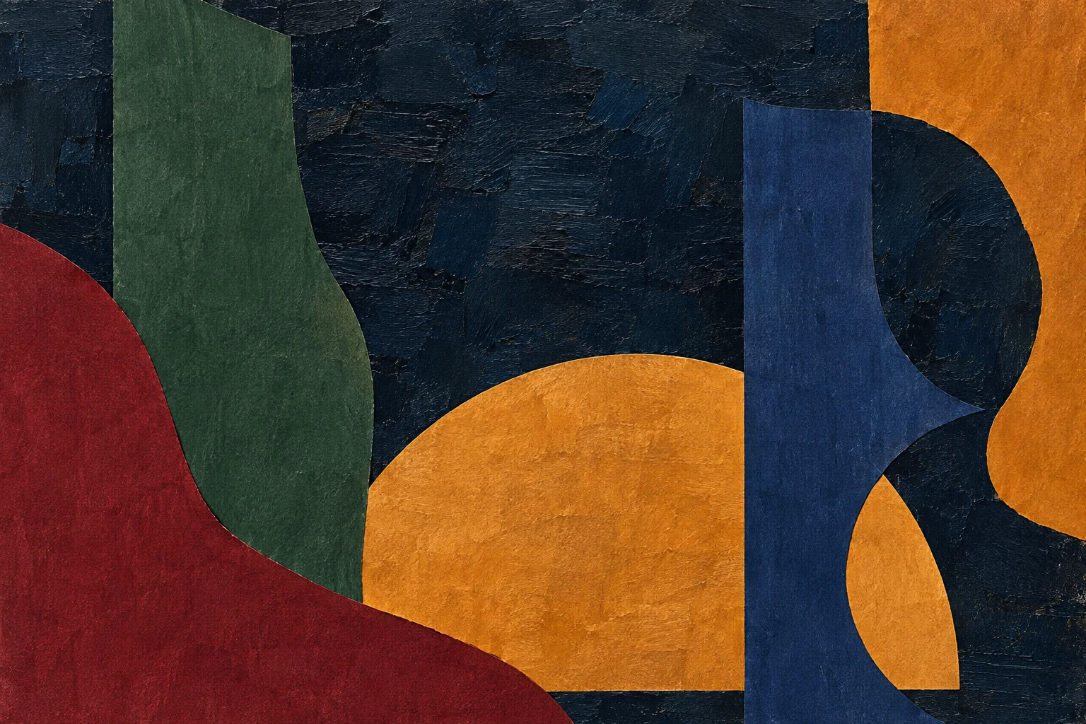 A half-moon rising from the bottom edge in black, orange, burgundy, forest green; landscape artwork.
