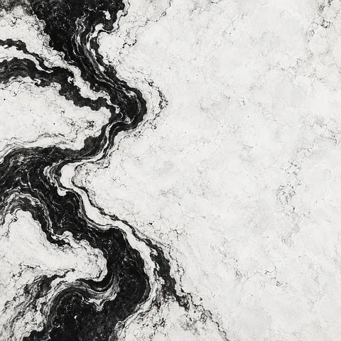 Thick flowing organic bands like a river seen from above in cream, white, black, stone; square artwork.