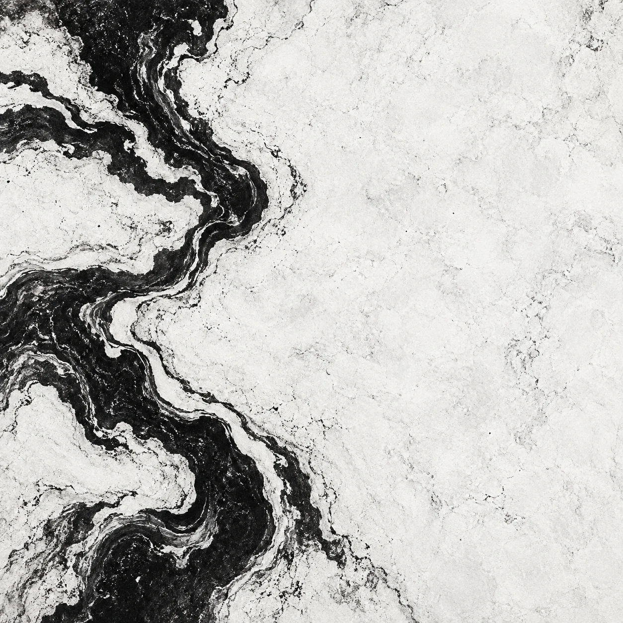 Thick flowing organic bands like a river seen from above in cream, white, black, stone; square artwork.