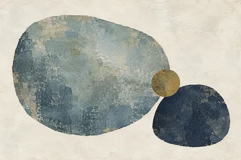 Two river-stone shapes, one large one small in cream, gray, stone, charcoal; landscape artwork.