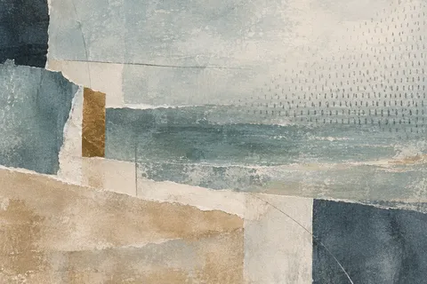 A field of small repeated marks fading toward one corner in stone, gray, sand, cream; landscape artwork.