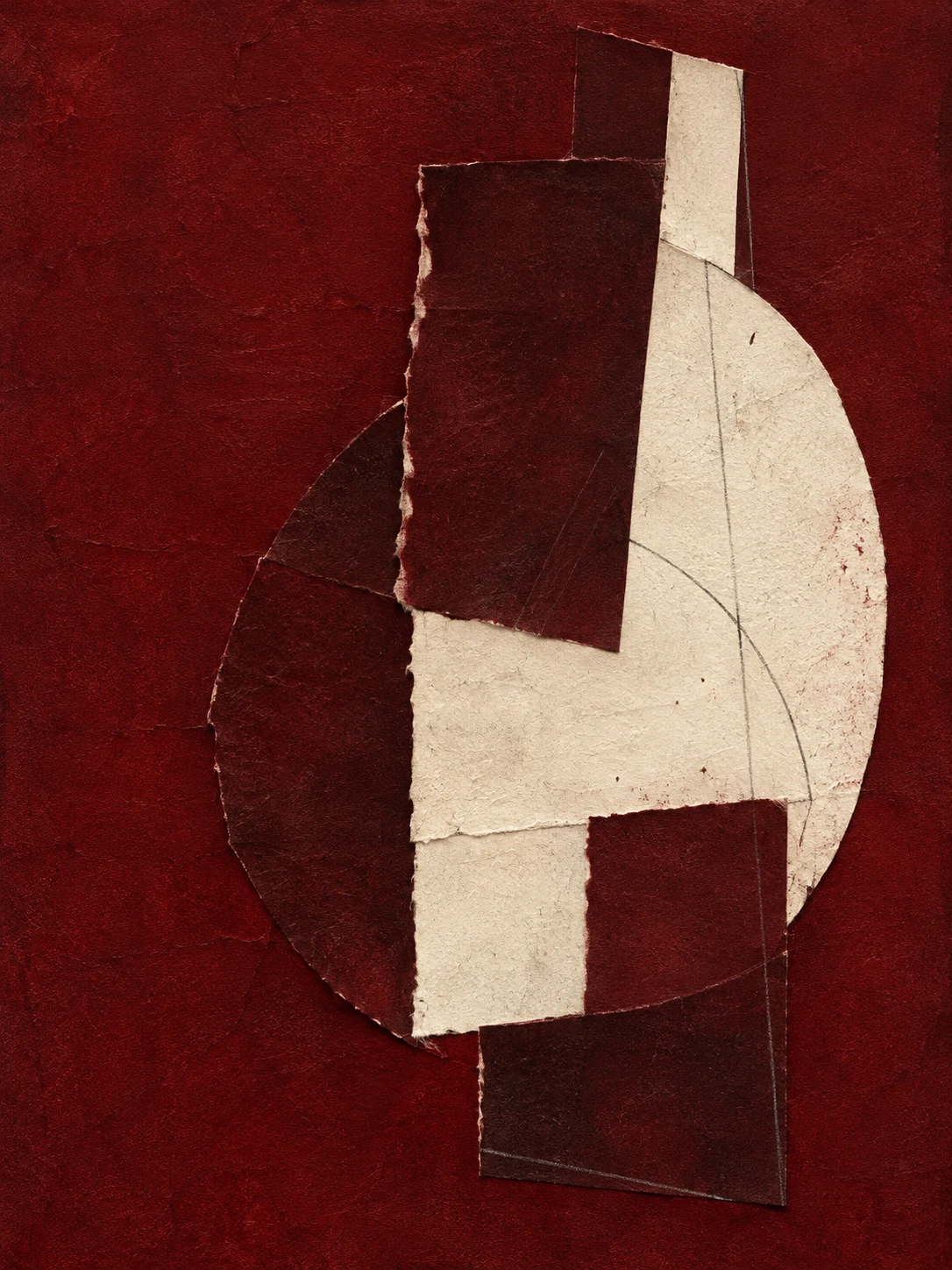 An oval relief on a rough ground in burgundy, black, cream; portrait artwork.