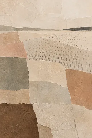 A field of small repeated marks fading toward one corner in cream, stone, sand, taupe; portrait artwork.
