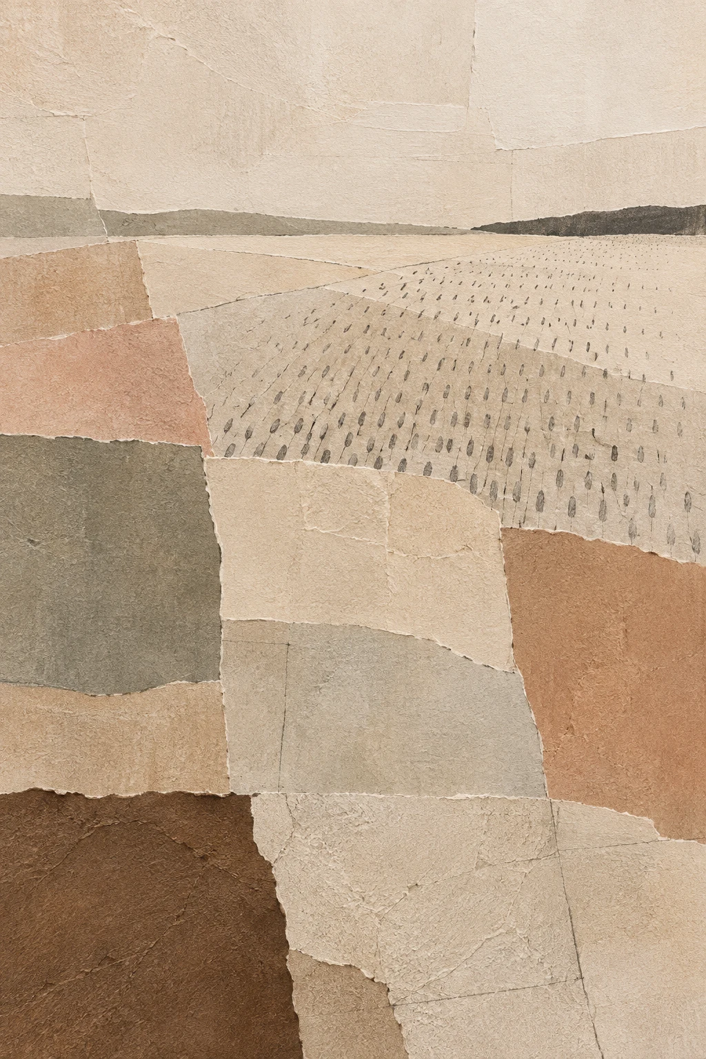 A field of small repeated marks fading toward one corner in cream, stone, sand, taupe; portrait artwork.