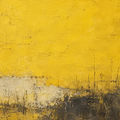 A cracked wabi-sabi field with one patch of a second color in yellow, brown, ochre, sand; square artwork.
