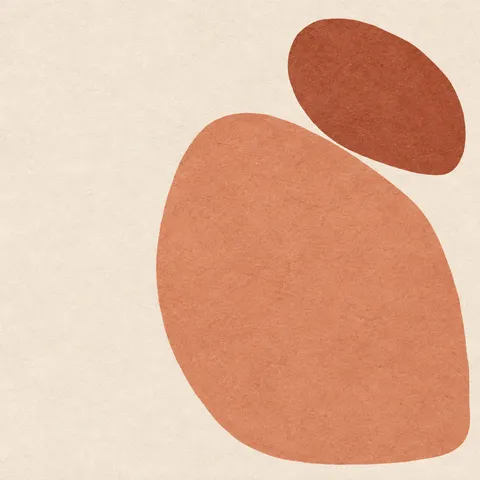 Two river-stone shapes, one large one small in cream, blush, terracotta; square artwork.