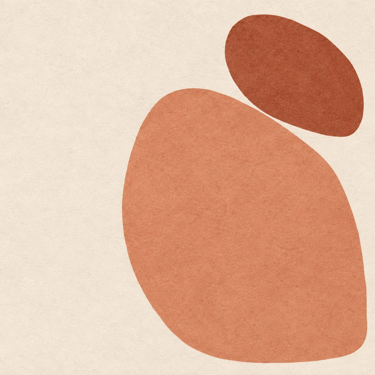 Two river-stone shapes, one large one small in cream, blush, terracotta; square artwork.