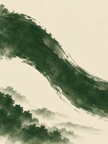 A single wide arc crossing the field in cream, forest green, olive, stone; portrait artwork.