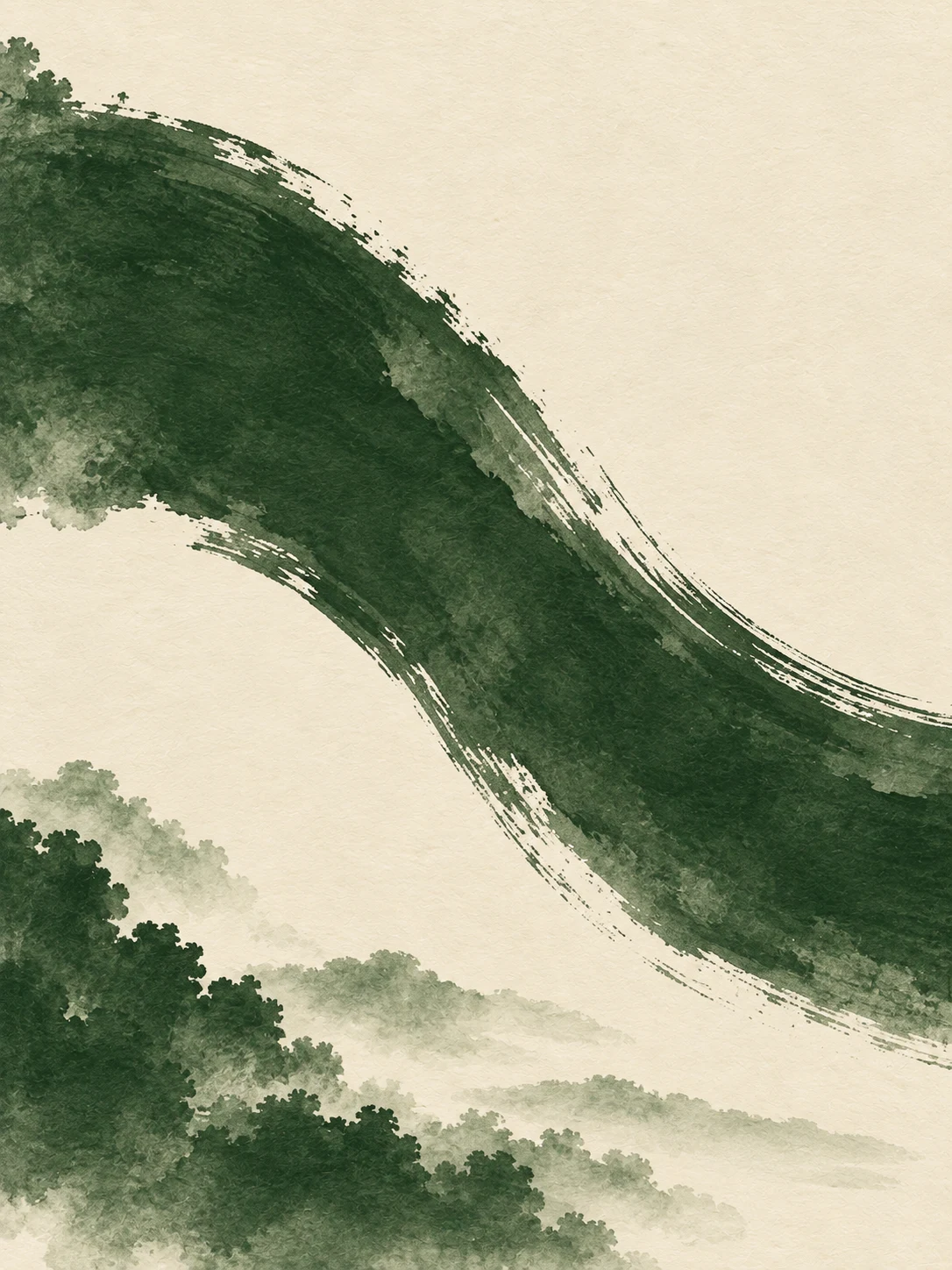A single wide arc crossing the field in cream, forest green, olive, stone; portrait artwork.