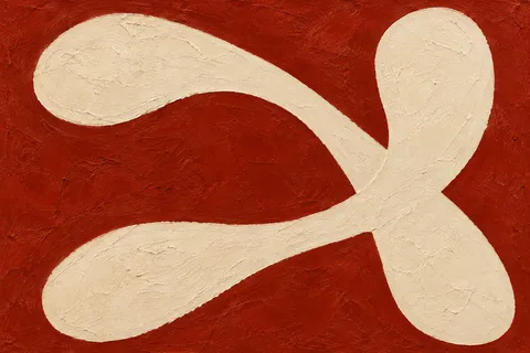Two calligraphic strokes crossing in rust, cream, terracotta; landscape artwork.