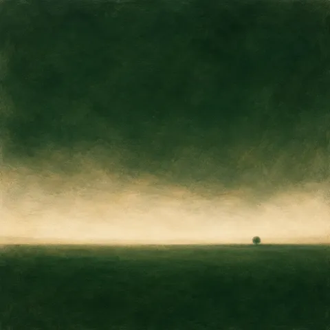 Layered translucent glazes with soft edges in black, forest green, cream, charcoal; square artwork.