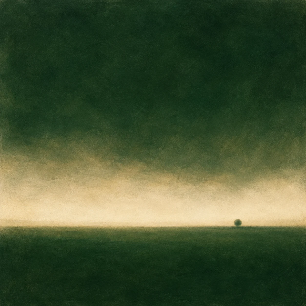 Layered translucent glazes with soft edges in black, forest green, cream, charcoal; square artwork.