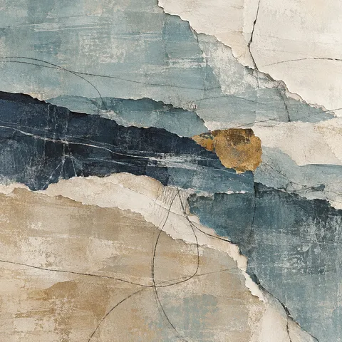 A cracked wabi-sabi field with one patch of a second color in stone, gray, cream, charcoal; square artwork.
