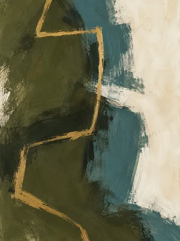 A thin gold-brass line across a dark field in charcoal, cream, brown, black; portrait artwork.