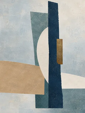 A single brushstroke column set off-center in stone, gray, cream, navy; portrait artwork.