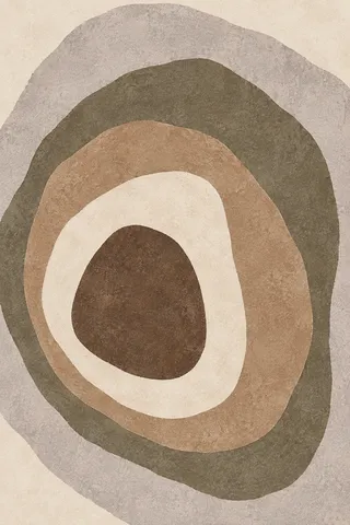 Concentric soft rings, uneven in stone, cream, olive, sage; portrait artwork.
