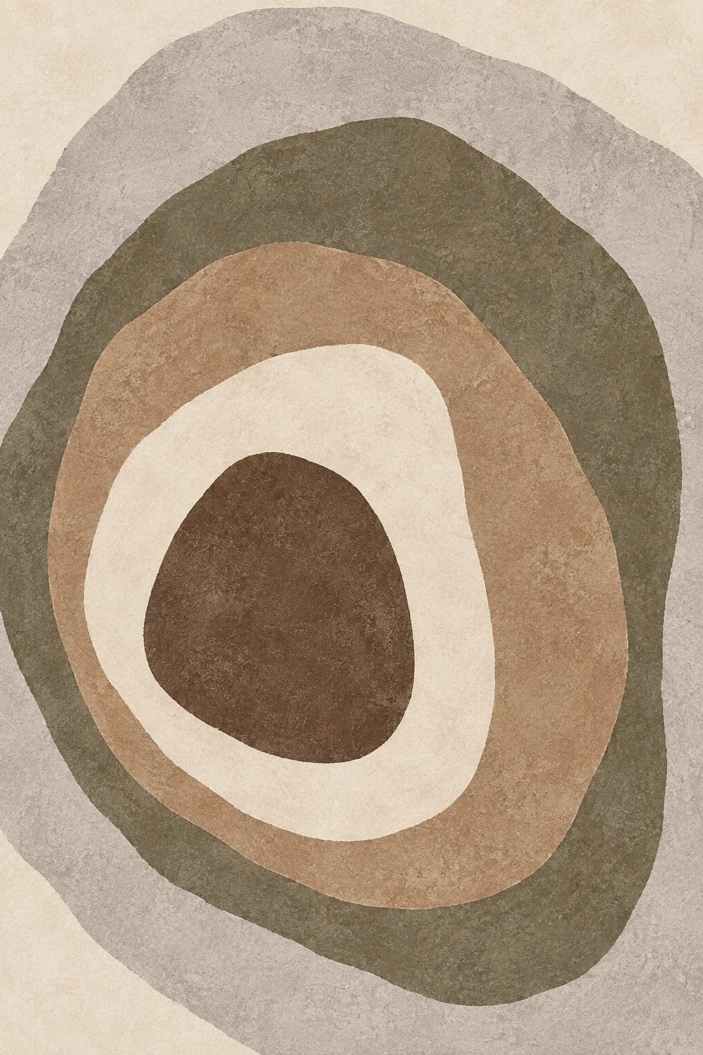 Concentric soft rings, uneven in stone, cream, olive, sage; portrait artwork.