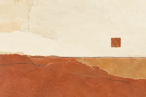 A lone small square floating in a vast field in cream, terracotta; landscape artwork.