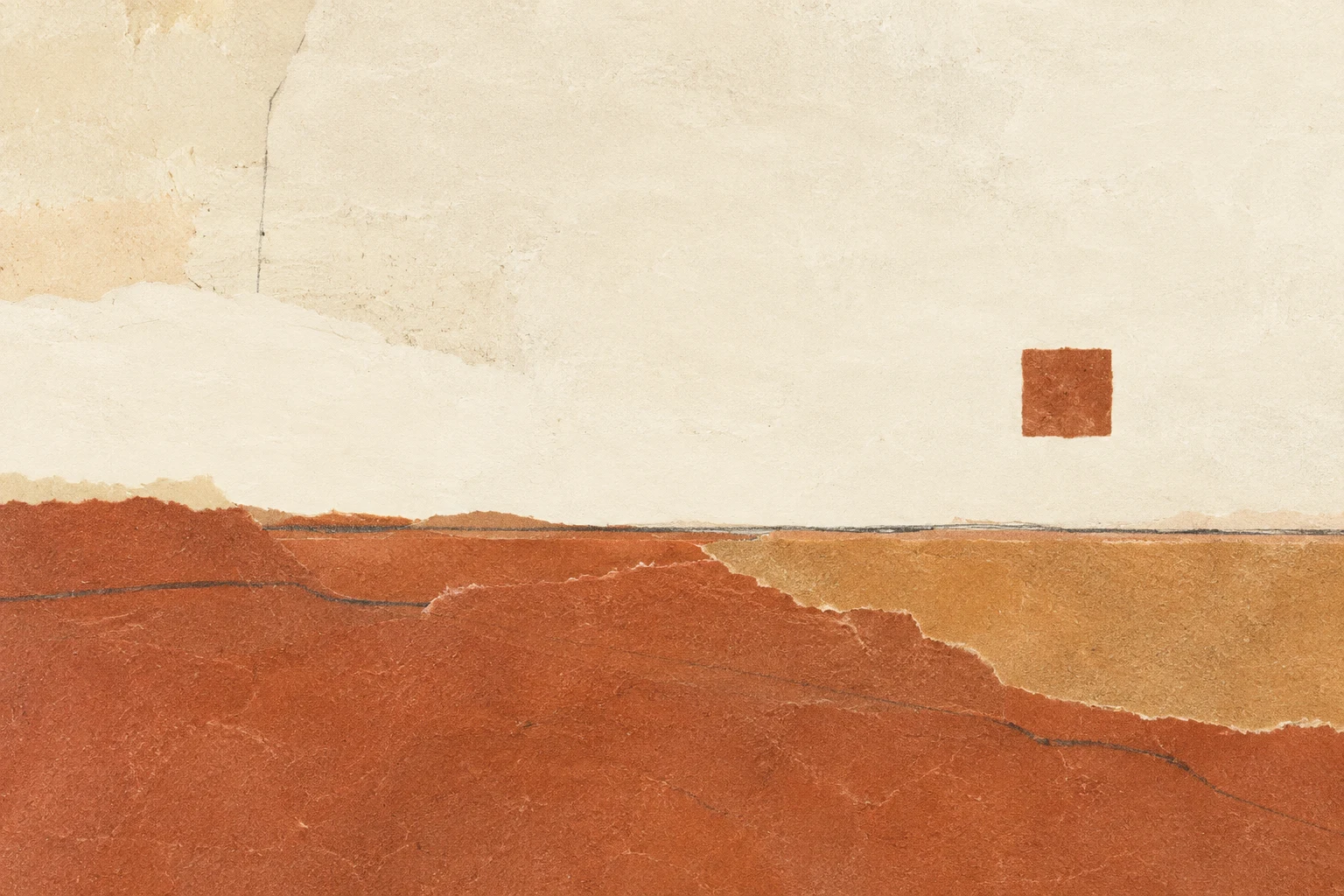 A lone small square floating in a vast field in cream, terracotta; landscape artwork.