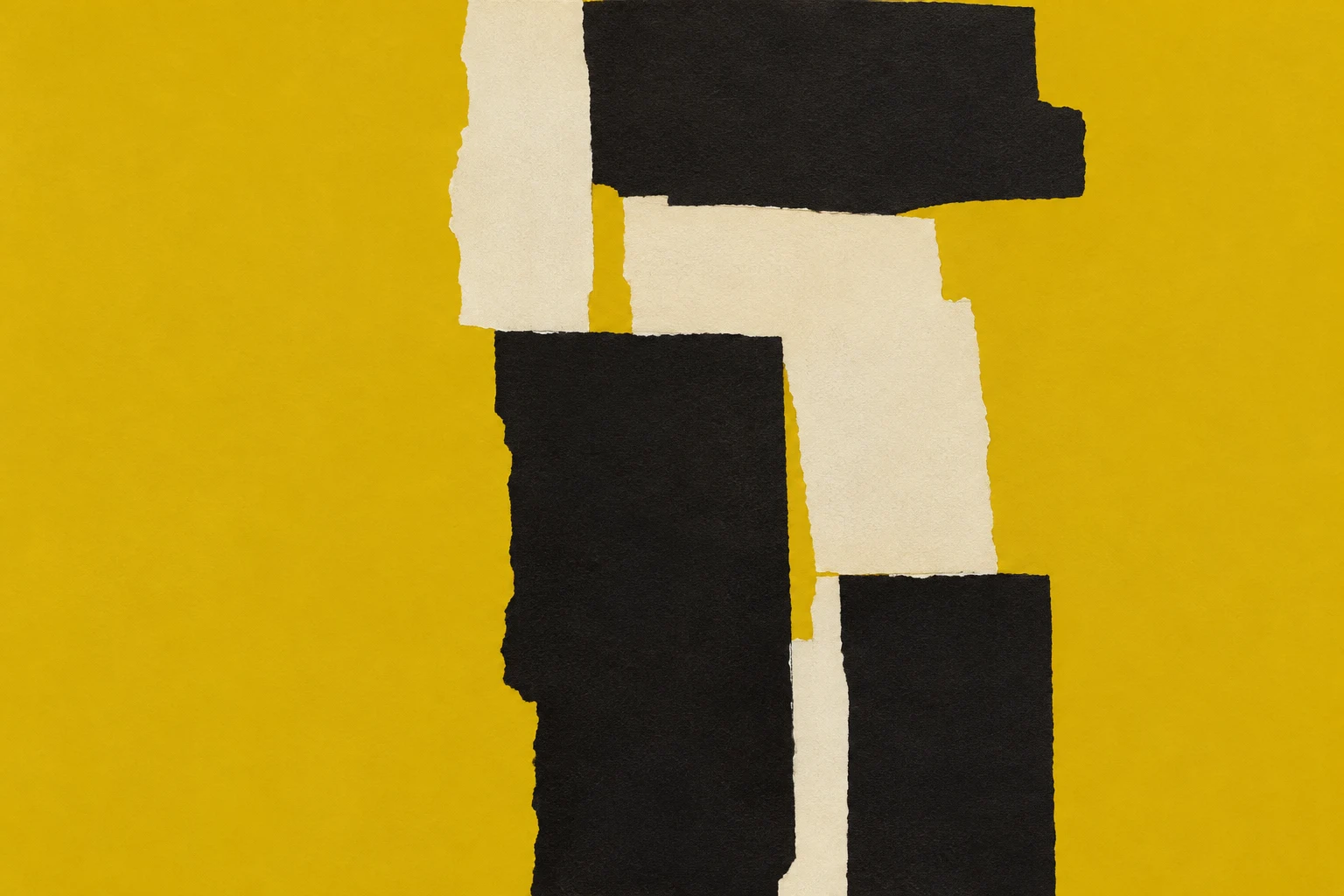 A single brushstroke column set off-center in yellow, black, cream; landscape artwork.