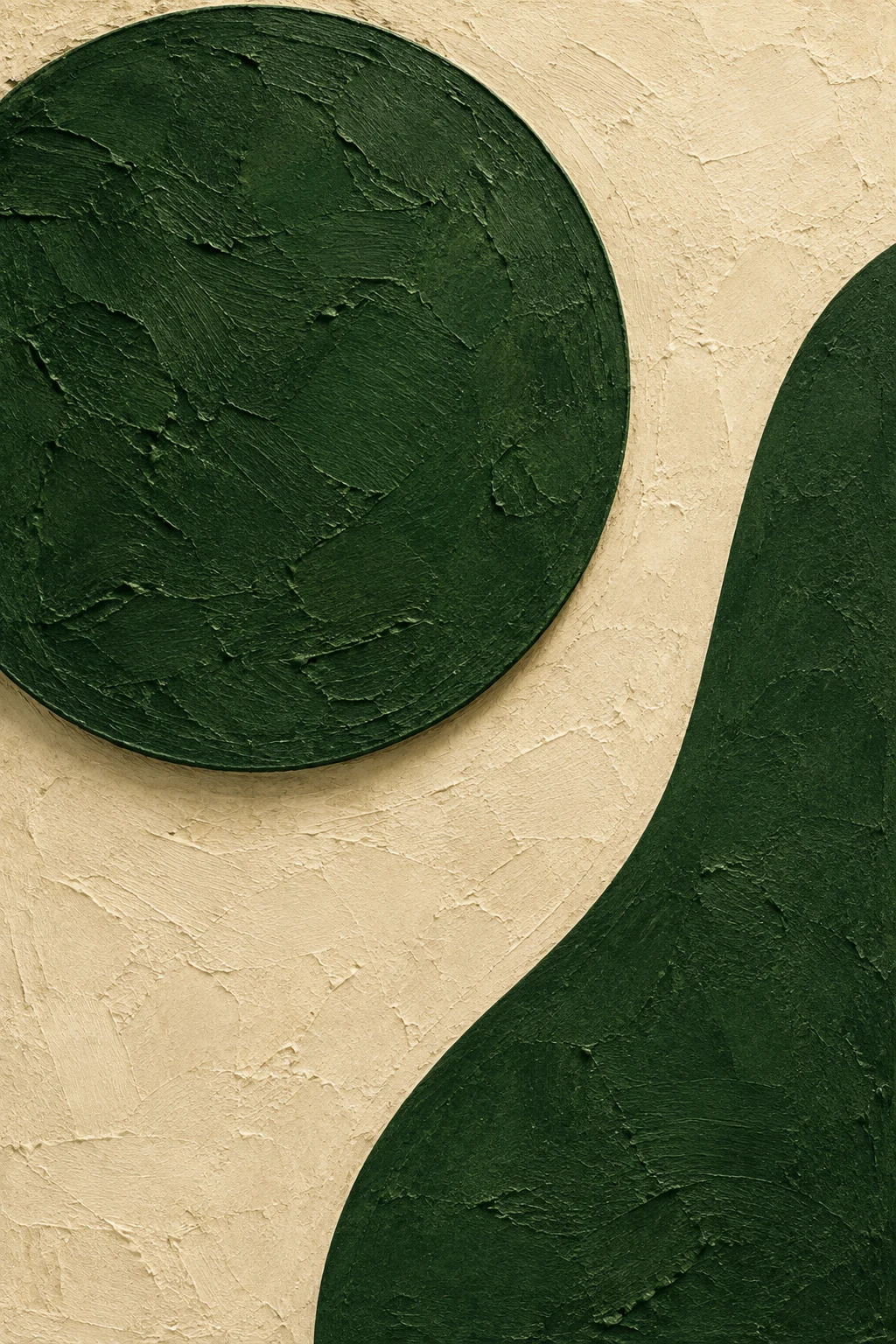 A large circle with a softly shaded edge, off-center in forest green, cream, black, sand; portrait artwork.