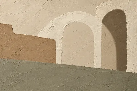 An arch and its shadow in taupe, stone, cream, olive; landscape artwork.