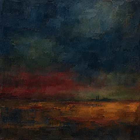 Layered translucent glazes with soft edges in black, burgundy, charcoal, brown; square artwork.