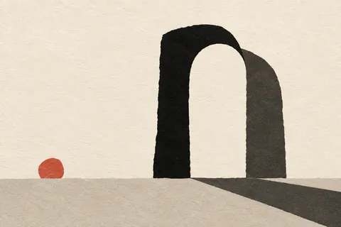 An arch and its shadow in cream, stone, black; landscape artwork.