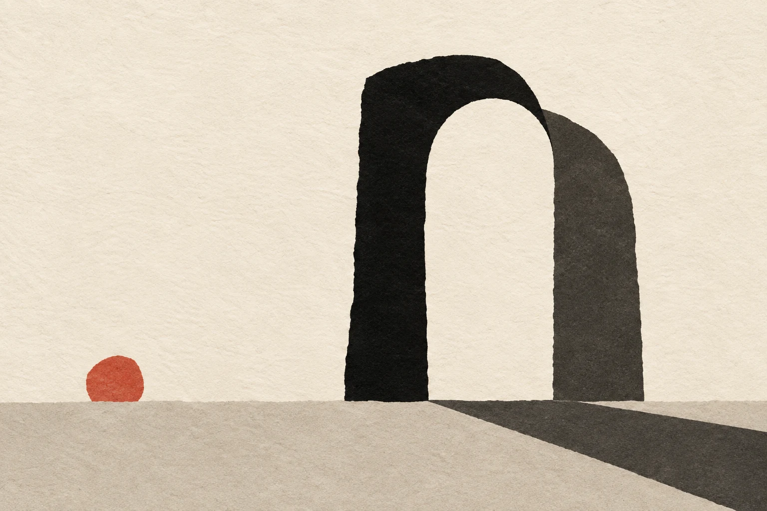An arch and its shadow in cream, stone, black; landscape artwork.