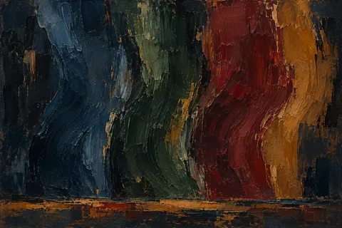 Three flowing vertical bands that bend like a slow current in black, burgundy, charcoal, brown; landscape artwork.