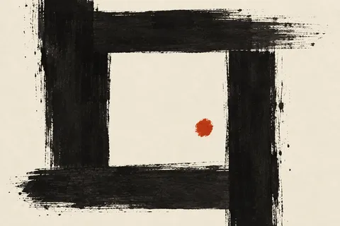 A square within a square, the inner one recessed in cream, black, taupe; landscape artwork.