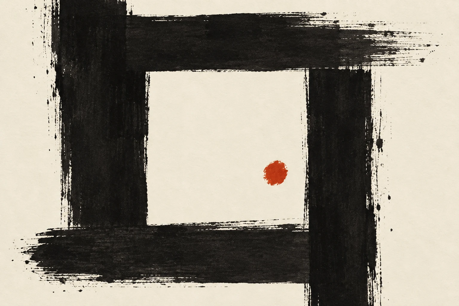 A square within a square, the inner one recessed in cream, black, taupe; landscape artwork.