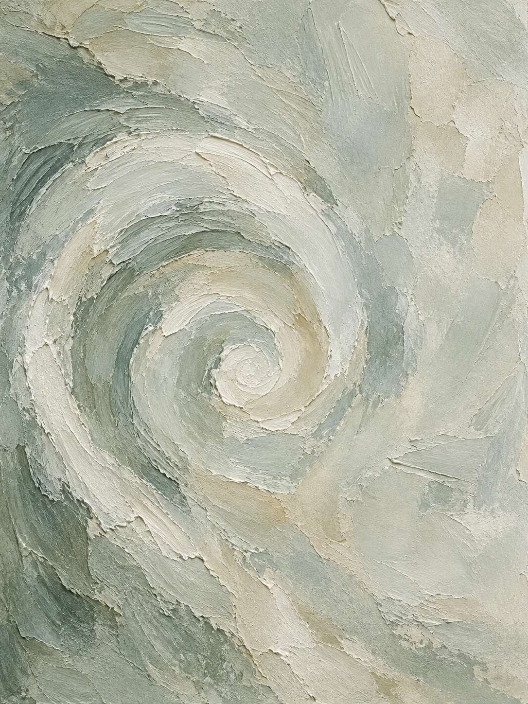 A spiral drawn in one breath in stone, gray, cream; portrait artwork.