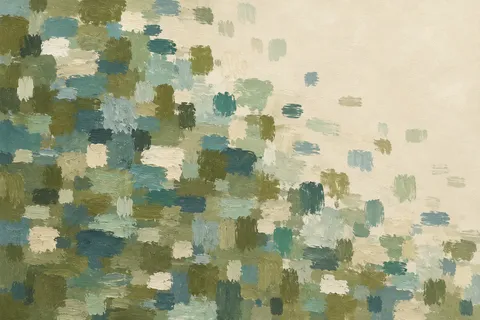 A field of small repeated marks fading toward one corner in cream, olive, sage, stone; landscape artwork.