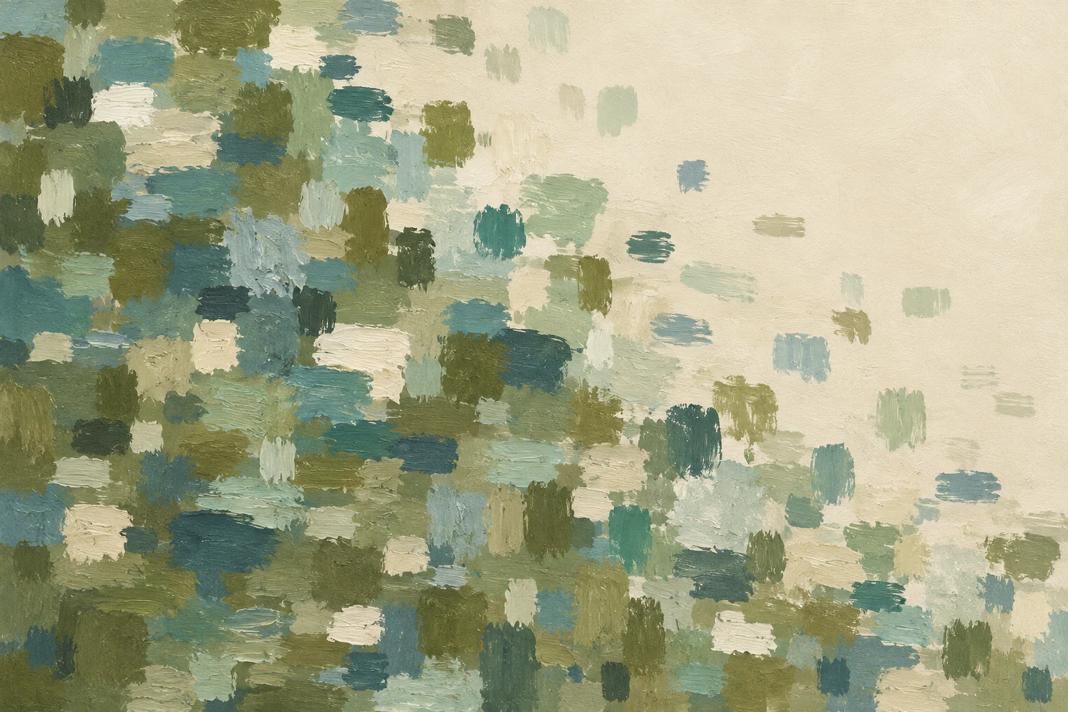 A field of small repeated marks fading toward one corner in cream, olive, sage, stone; landscape artwork.