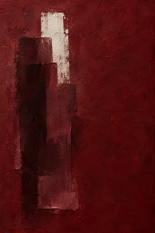 A single brushstroke column set off-center in burgundy, black, rust; portrait artwork.