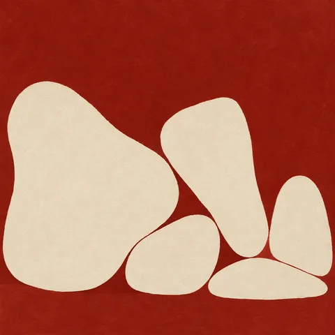 A cluster of five soft pebble shapes in rust, cream; square artwork.