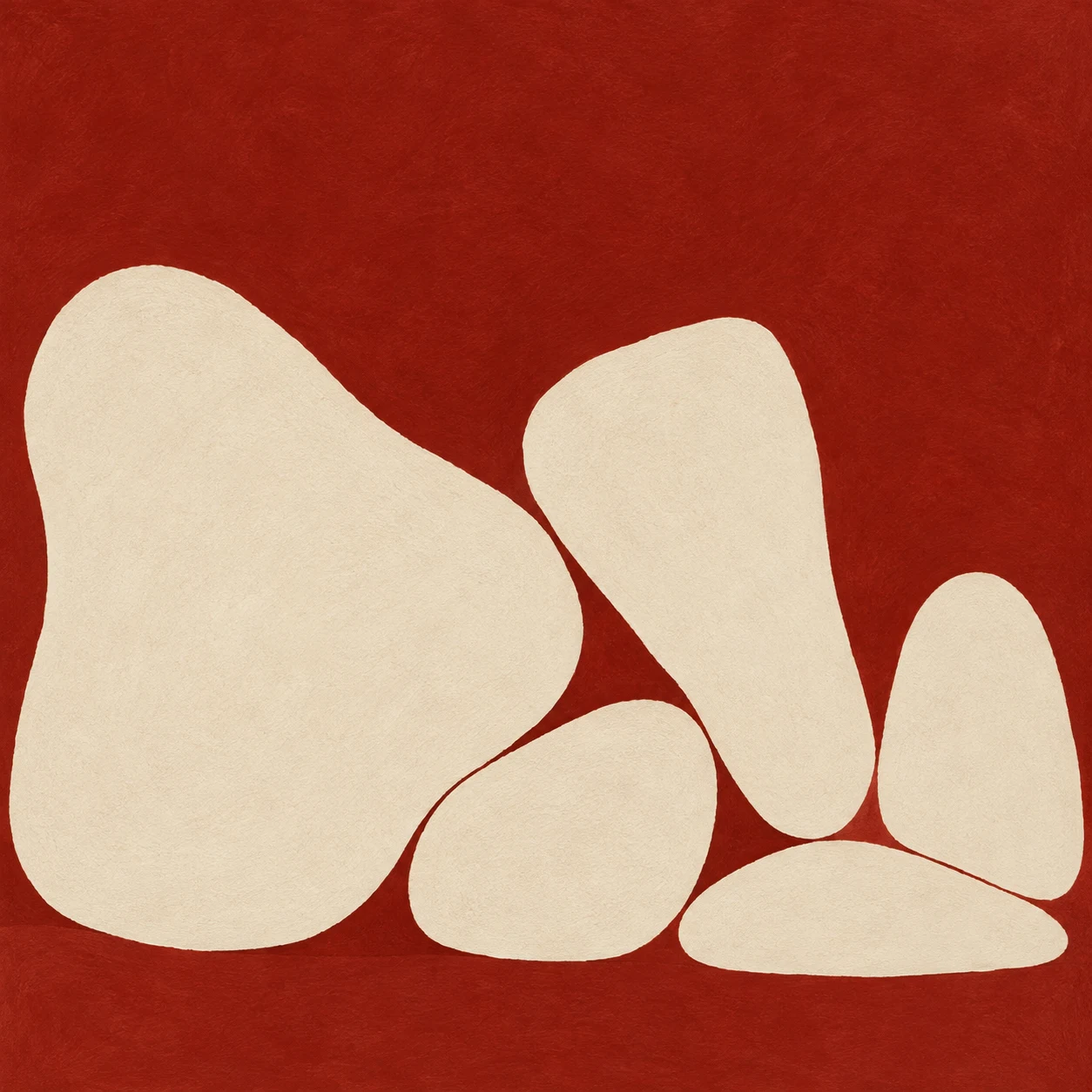 A cluster of five soft pebble shapes in rust, cream; square artwork.