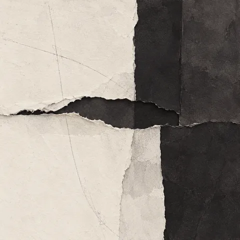 A torn edge revealing a darker layer beneath in cream, black, charcoal; square artwork.