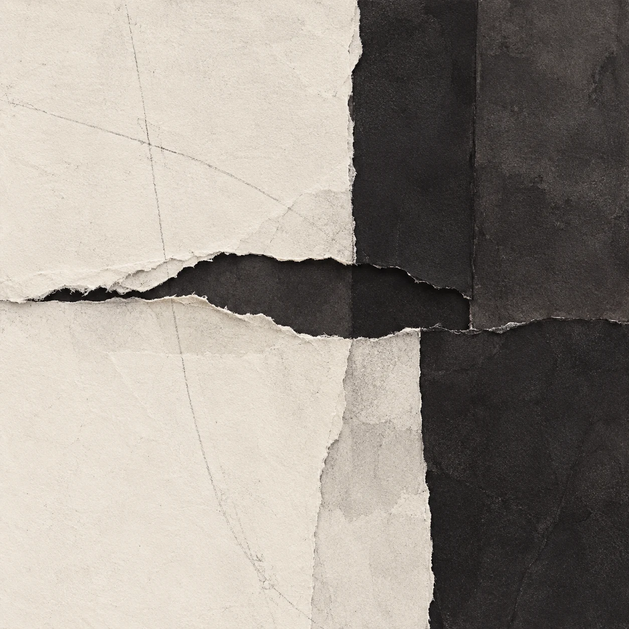 A torn edge revealing a darker layer beneath in cream, black, charcoal; square artwork.