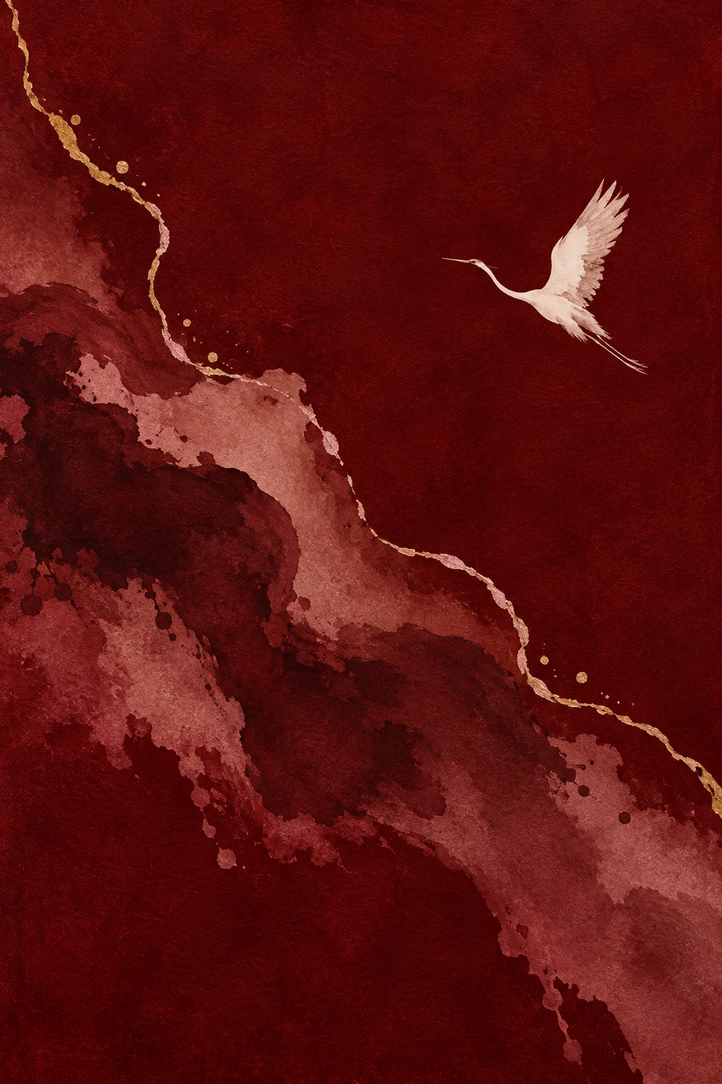 A thin gold-brass line across a dark field in burgundy, rust, black; portrait artwork.