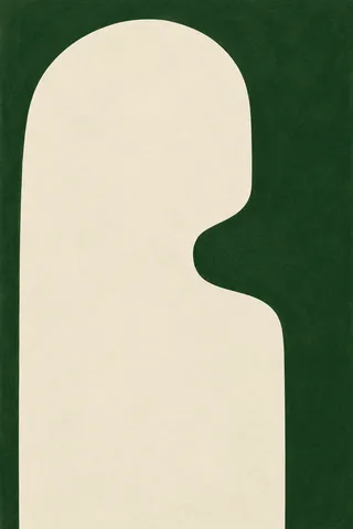 One tall arch pressed into the surface in cream, forest green; portrait artwork.
