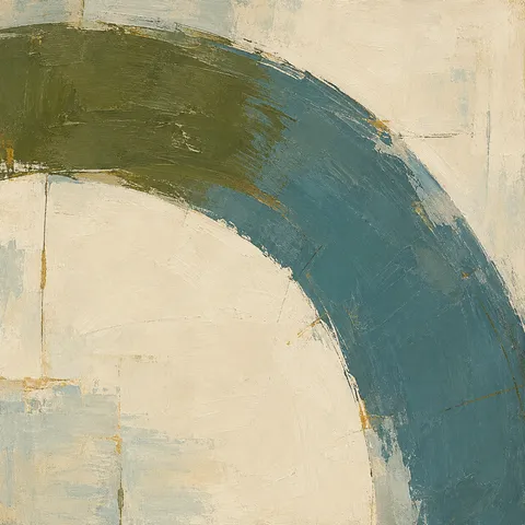 A single wide arc crossing the field in cream, blue, olive, stone; square artwork.