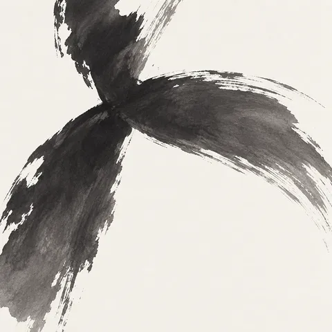 Two calligraphic strokes crossing in white, charcoal, gray; square artwork.