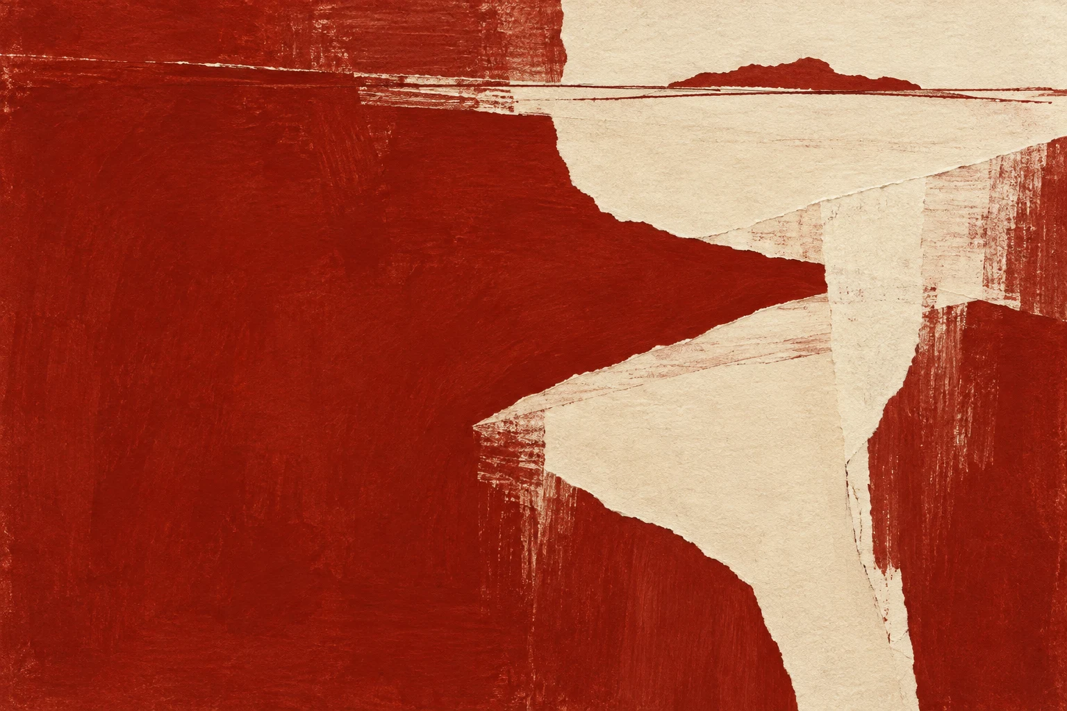 A single horizon line set very high in the field in rust, cream, terracotta; landscape artwork.