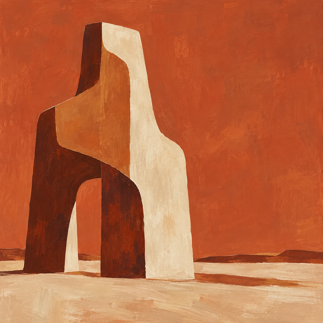 A monolith form standing left of center in terracotta, blush, cream, burgundy; square artwork.