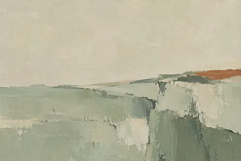A cracked wabi-sabi field with one patch of a second color in stone, sand, sage, taupe; landscape artwork.