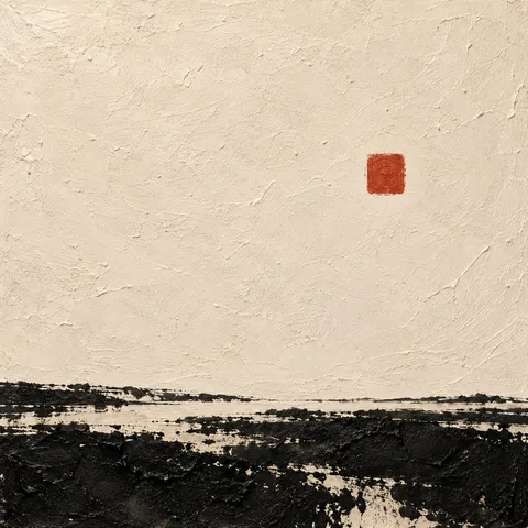 A lone small square floating in a vast field in cream, black, brown; square artwork.