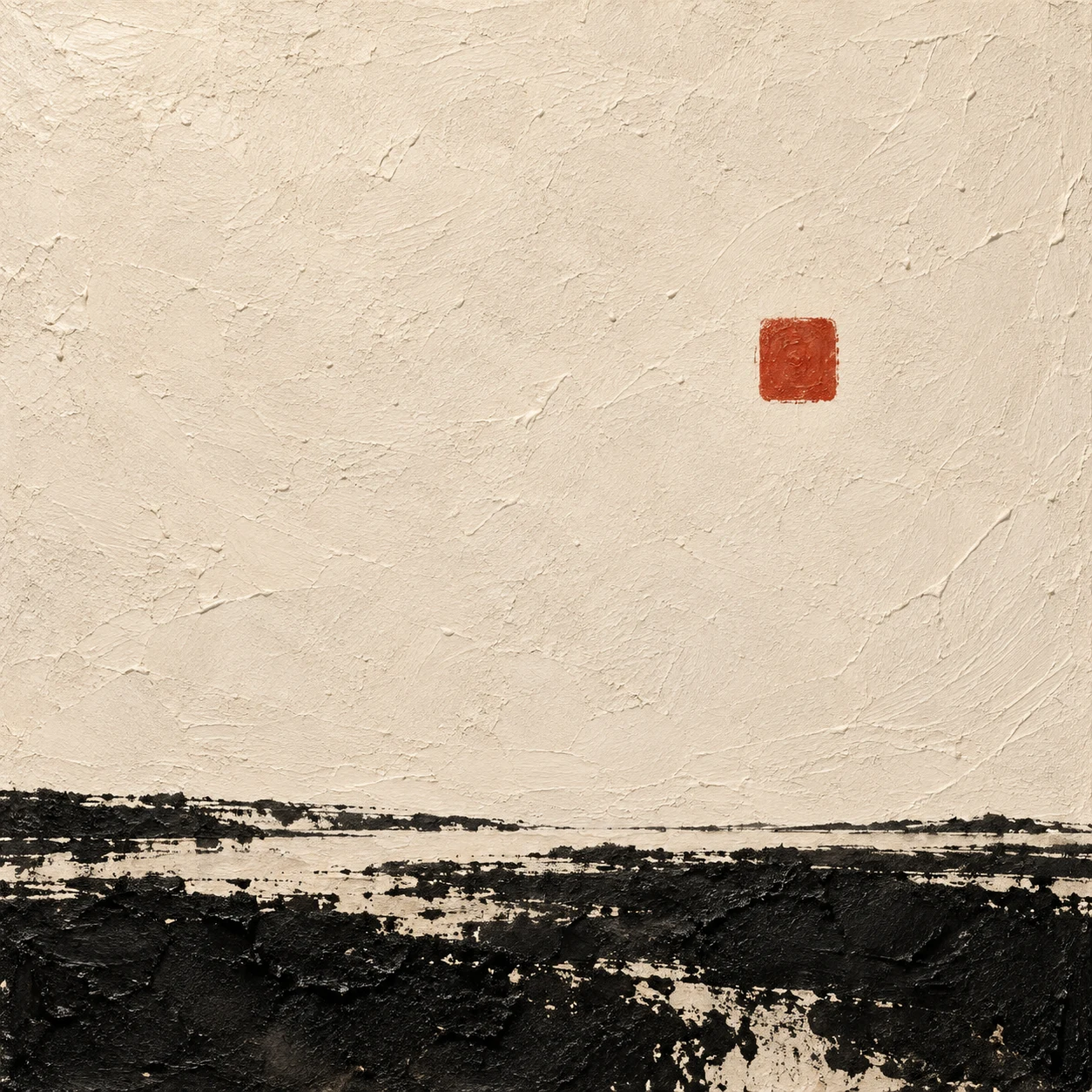 A lone small square floating in a vast field in cream, black, brown; square artwork.