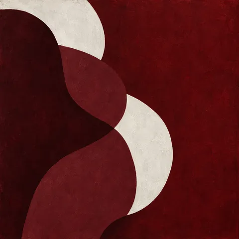 Two overlapping soft organic forms in burgundy, black, sand; square artwork.